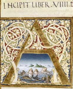 Miniatura que representa sirenas. Letra “A” - en “Naturalis Historiae” por Plinio el Viejo (23 - 79), ed. 1480. Biblioteca Victoria & Albert de Unknown artist