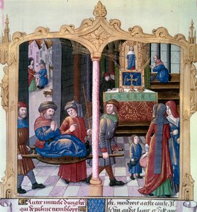 Milagros de San Luis: el Rey Luis IX (1214-1270) curando a un paralítico. Miniatura de un manuscrito 