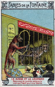 El Mono y el Leopardo - Fábulas de Jean de La Fontaine (1621-95) - Cromolitografía de finales del siglo XIX Colección Privada de Unknown artist