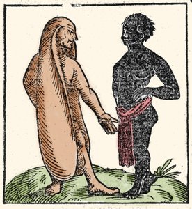 Criaturas monstruosas: dos hombres africanos, uno de ellos con orejas largas para protegerse del sol y el frío. Cuando una situación los intimida, sus orejas les permiten volar. Simbólicamente les permiten escuchar mejor la palabra de Dios. de Unknown artist