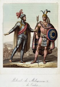 Montezuma II, rey azteca, y Hernán (o Hernando) Cortés o Fernand Cortez (1485-1547), conquistador español - en “El traje antiguo y moderno” de Ferrario, ed. Milán de Unknown artist