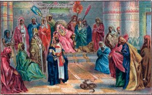 Moisés y Aarón contra el faraón enojado. Cromolitografía de finales del siglo XIX. de Unknown artist