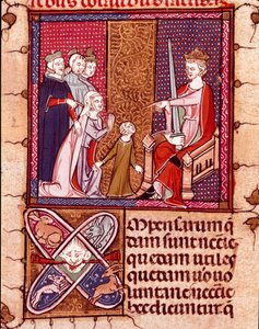 Madre e hijo ante un rey, representante de la Justicia. Miniatura tomada de “Justiniani in Fortiatum” Siglo XIV Biblioteca Real del Monasterio de El Escorial, España de Unknown artist