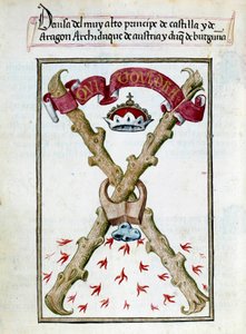Lema de los Duques de Borgoña. Página de manuscrito tomada de la "Colección de devoción de la Reina Juana la Loca (1479-1555) de España" por Pedro Marcuello ("Devocionario de la Reina Da Juana a Quien Llamaron la Loca") siglo XV Chantilly, Museo Conde de Unknown artist