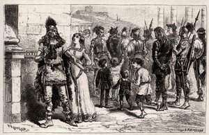 Conmovida por este triste espectáculo, Teodequilda o Tichilde (hija de Thierry I) (muerta en 534) pide la vida y libertad del cautivo - grabado en "Las Mujeres Ilustres de Francia" por Oscar Havard - 1886