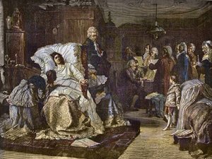Los últimos días de Mozart después de la pintura de Hermann Kaulbach (1846-1909) - Gli ultimi momenti di Mozart - último día de Wolfgang Amadeus Mozart - grabado en 