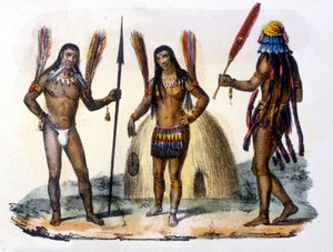 Indios Mundrucu y Jívaros en Ecuador. Grabado 1846-48 de Unknown artist