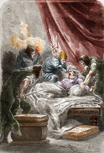 Asesinato de Galswinthe (Galsuinde) (Galsuinte) (ca. 545 - 567), reina de los francos en Neustria, esposa de Chilperico I (rey de los francos). Grabado en “Historia de Francia en Cien Pinturas” por Paul Lehugeur 1891 de Unknown artist