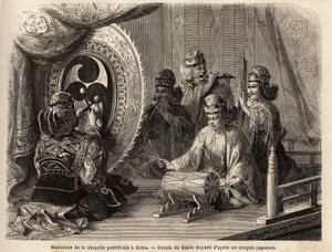 Músicos de la capilla pontificia en Kioto, tocando cinco instrumentos sagrados, flauta traversa y flauta de pan, caracola marina, timbales y kakdaiko, el gong original. Grabado para ilustrar el viaje a Japón en 1863-1864, por Aime Humbert, ministro de la C de Unknown artist