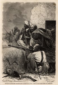 Montañeses musulmanes reasentados en las montañas de Svat, luchando contra una expedición inglesa en 1863 para detener el saqueo de aldeas en la región. Grabado para ilustrar la historia de Pandjab y Cachemira, por Guillaume Lejean en 1866, publicado en “L