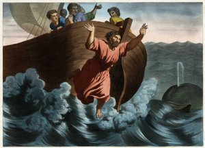 Nombrado responsable de la tormenta que amenazaba el barco, Jonás sugirió que lo arrojaran por la borda. Dios envió un pez que se tragó al profeta. Grabado anónimo de mediados del siglo XIX.