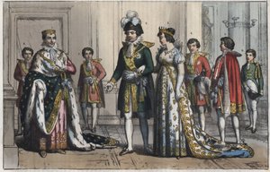 Napoleón Bonaparte (1769-1821), como Rey de Italia - Virrey - esposa del virrey - Mayordomo - Lord Chambelán - Paje - escudero - maestro de ceremonias - grabado de 