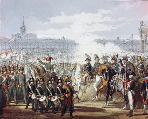 Napoleón Bonaparte (1769-1821) revisa la legión lombarda y cispadana de la milicia el 09/07/1797. Grabado en acuarela. Milán, Museo del Risorgimento
