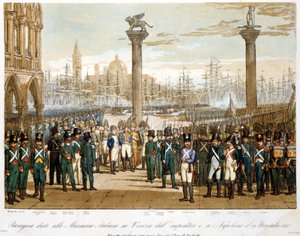 Napoleón I en Venecia el 29 de noviembre de 1807 frente a la marina italiana (grabado de 1845) de Unknown artist