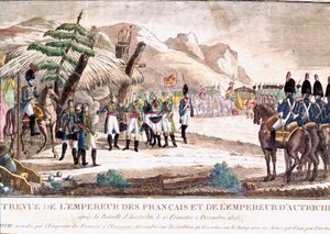 Guerra Napoleónica: Napoleón I se encuentra con el emperador Francisco II después de la batalla de Austerlitz el 2/12/1805. Grabado del siglo XIX de Unknown artist