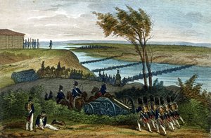 Guerra Napoleónica: Campaña Rusa. Paso del río Niemen (Dnjemen) el 24/06/1812, que separa los dos imperios. Grabado del siglo XIX