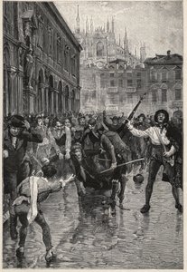 La abdicación de Napoleón provoca disturbios en Milán, y Giuseppe Prina, el impopular ministro de finanzas, es arrastrado por las calles y finalmente asesinado por la multitud en la Piazza San Fedele en Milán, 20 de abril de Unknown artist