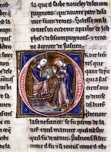 Nascion recibe el libro (?). Manuscrito: Conquista del Santo Grial, escrito 717 años después de la pasión de nuestro señor. Biblioteca municipal de Rennes, ms. 255 (Colección de novelas de la Mesa Redonda); París de Unknown artist
