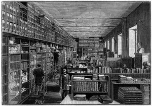 Biblioteca Nacional en París: Oficina del Catálogo. Arriba están las cajas de las obras. Grabado en “La Nature: revue des sciences et de leurs applications aux arts et a l