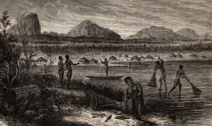 Cerca de las cataratas del Rovuma (Mozambique), las actividades de pesca. Grabado para ilustrar los primeros viajes del Dr. Livingstone al sur de África de 1840 a 1856, en “Le tour du monde, nouveau journal des voyages” publicado bajo la dirección de Edoua