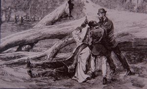 Ned Kelly capturado por el policía Kelly y el ferroviario Jesse Dowsett, 28 de junio de 1880 (grabado)