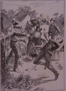Ned Kelly mata al policía Lonigan en Stringybark Creek en 1878 (grabado) de Unknown artist
