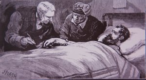 Ned Kelly yace herido en el hospital de la prisión en Melbourne después de ser capturado por la policía el 28 de junio de 1880