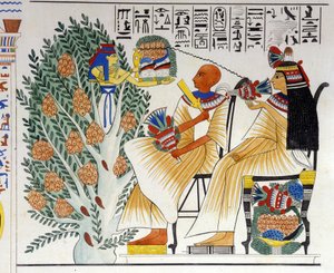 Nephtys, diosa egipcia, surge del árbol místico y ofrece comida al difunto - en “Monumentos de Egipto y Nubia Superior” de Ippolito Rosellini. Siglo XIX. de Unknown artist
