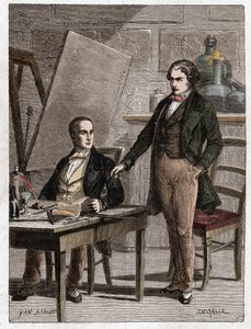 Niepce leyendo a Louis Daguerre la descripción de la Heliografía, para la fijación de imágenes de la cámara oscura - Nicéphore Niepce (1765-1833), inventor francés, pionero de la fotografía leyendo a Daguerre la descripción de su método para la fijación de de Unknown artist