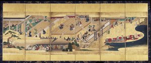Obra Noh: Funa Benkei (tinta, colores y oro sobre papel, pantalla de seis paneles) de Unknown artist