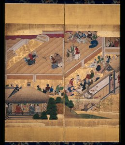 Obra Noh: Funa Benkei (tinta, colores y oro sobre papel, pantalla de seis paneles)