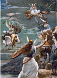 Mitología nórdica: Las Walkirias en Valhalla y la caída de los guerreros en batalla. Cromolitografía del siglo XIX de Unknown artist