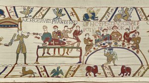 Sirvientes normandos preparan un banquete para Guillermo y el obispo Odo bendice la comida, Tapiz de Bayeux de Unknown artist