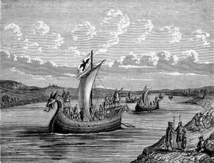 Barcos normandos subiendo un río - grabado de Unknown artist