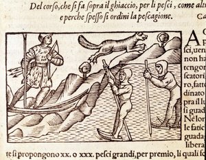Cazadores noruegos moviéndose en esquís. Grabado de Olaus Magnus (1490 - 1557), religioso y geógrafo sueco, "Historia de Gentis Septentrionalibus", Venecia