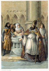 Notger (930 - 1008), obispo de Lieja, durante el bautismo de Otón III (980-1002), rey de Alemania. Cromolitografía del siglo XIX. de Unknown artist