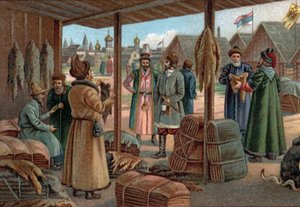 Antiguos centros comerciales: Feria de pieles en Novgorod (Veliky Novgorod), Rusia en el siglo XIX. Cromolitografía de finales del siglo XIX. de Unknown artist