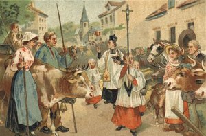 Antigua costumbre celebrada en la región de Nivernais: la bendición de los rebaños. Cromolitografía de finales del siglo XIX