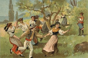 Antigua costumbre celebrada en la región de Provenza: la farándula para las fiestas de la cosecha de gusanos de seda. Cromolitografía de finales del siglo XIX de Unknown artist