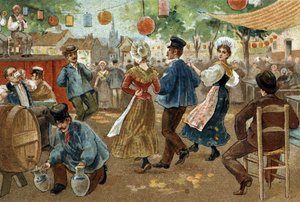 Antigua costumbre celebrada en la región de Flandes: Feria flamenca. Cromolitografía de finales del siglo XIX de Unknown artist