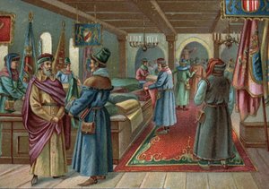 Antiguos centros comerciales: mercado de lino en Brujas, Bélgica en el siglo XV. Cromolitografía de finales del siglo XIX