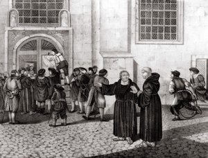 El 31/10/1517, Lutero publicó en las puertas del Castillo de Wittenberg sus 95 tesis denunciando la venta de indulgencias, lo que marcó el inicio de la Reforma - grabado. de Unknown artist