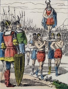 A la muerte de Childerico I, su hijo Clodoveo fue elegido rey por los francos salios que lo llevaron sobre el baluarte mientras recorrían el campamento (grabado) de Unknown artist