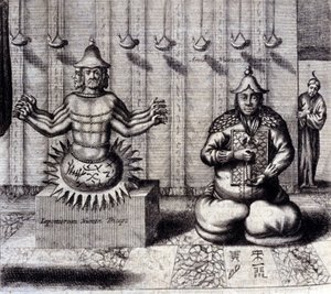 A la izquierda, deidad hindú con ocho brazos, a la derecha Amida, Buda japonés. “De China Monumenta” de Athanasius Kircher (1601 - 1680), jesuita, orientalista y erudito alemán, Ámsterdam 1667. de Unknown artist