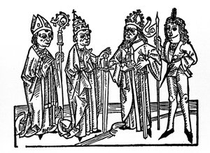 A la izquierda: el obispo, el papa, el emperador y el noble caballero. Los principales representantes de las clases sociales de la era feudal. Grabado de 