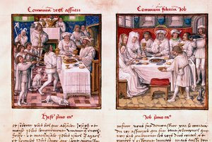 A la izquierda la fiesta de Asuero I (Jerjes I). A la derecha, la fiesta de los hijos de Job. Miniatura del manuscrito “El Espejo de la salvación humana” siglo XV Chantilly, museo Condé de Unknown artist