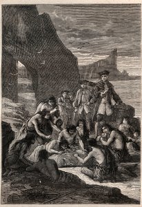 Uno de ellos descuartizado con los dientes: Vicealmirante John Byron (1723-1786) en una de las islas del Estrecho de Magallanes - los fueguinos (habitantes de Tierra del Fuego) descuartizan con sus dientes una ballena que había sido arrastrada y petrificad