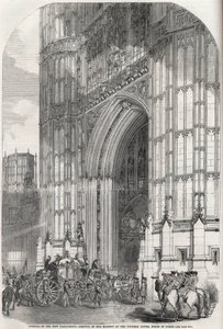 Apertura del nuevo parlamento - llegada de su majestad a la torre Victoria, Cámara de los Lores 1852 de Unknown artist