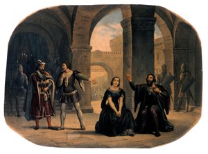 Escena de ópera "I vespri siciliani" (Las vísperas sicilianas) compuesta por Giuseppe Verdi. Cromolitografía de finales del siglo XIX de Unknown artist
