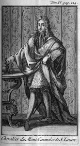 Órdenes de Caballería. Caballero del Monte Carmelo y San Lázaro en Francia en el siglo XVII. En "Historia de órdenes militares o caballeros, de las milicias seculares y regulares de ambos sexos, que se han establecido hasta ahora. Edición tomada de Abbe Gi